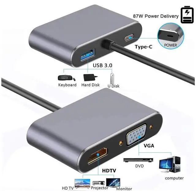 Alt view image 3 of 3 - 4-in-1 TY>pe C Adapter Hub to HDMI USB 3.0 Digital AV Multiport Adapter with T/ype-C/i PD Port Compatible