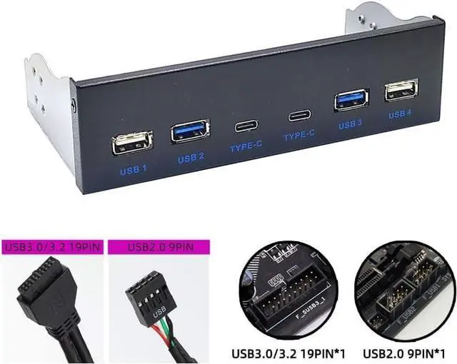 Alt view image 2 of 4 - USB 3.0 Front Panel for Desktop 5.25" CD-ROM Drive Bay USB3.0/3.2 19Pin USB2.0 9Pin to 2X USB Type C + 2X USB3.0 + 2X USB2.0 HUB