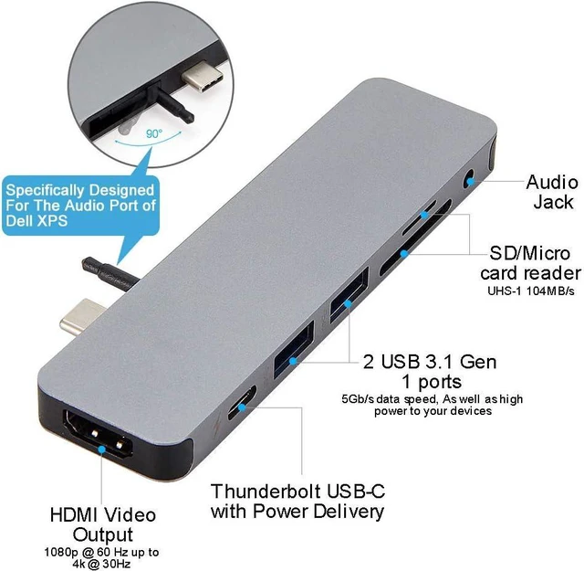 Alt view image 3 of 7 - HyperDrive USB-C Hub Adapter, Sanho Solo 7-in-1 Type C Dongle for MacBook Pro, PC w USB-C Port: USBC 60W Power Delivery, USBC 5Gbps Data, 4K HDMI, microSD/SD Card Reader, 2xUSB 3.0, Audio Jack - Grey