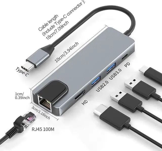 Alt view image 3 of 7 - 5-in-1 Type-C Hub Docking Station, Type C to HDTV Adapter, RJ45 Ethernet, 4K HDTV, PD100W, USB 3.0, USB2.0 Compatible with Type C Devices with DP Alt Mode, Multi-Port Adapter