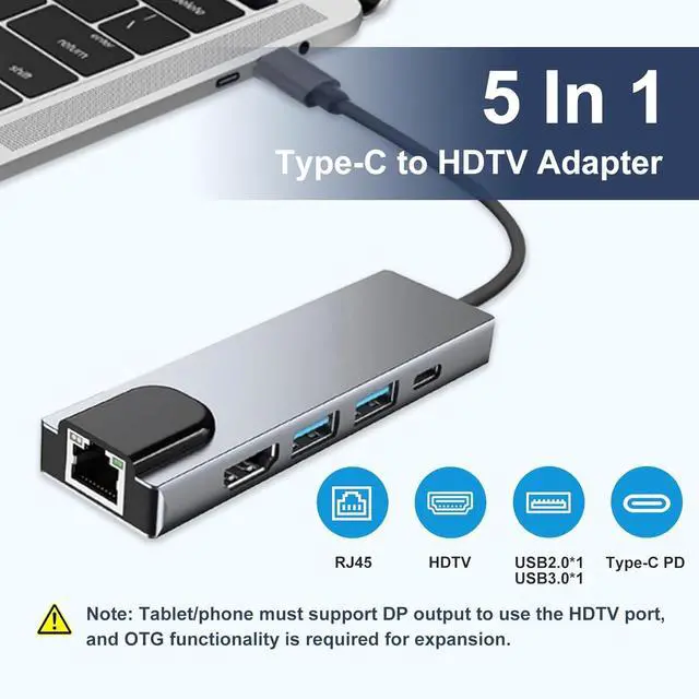 Alt view image 2 of 7 - 5-in-1 Type-C Hub Docking Station, Type C to HDTV Adapter, RJ45 Ethernet, 4K HDTV, PD100W, USB 3.0, USB2.0 Compatible with Type C Devices with DP Alt Mode, Multi-Port Adapter