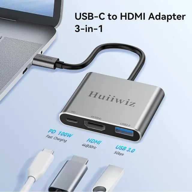 Alt view image 2 of 7 - USB C to HDMI Adapter with Multiport(4K@30Hz/USB3.0/PD 100W) USBC to HDMI Adapter for iPhone iPad MacBook Switch to TV Monitor Projector