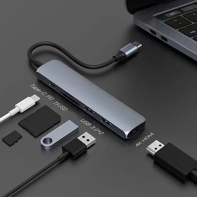 Alt view image 2 of 6 - Port Expander USB C Hub 6 in 1 USB-C Dock Type C Hub Multiport Adapter with 60W PD Charging, HDMI, 2 USB 3.0 Ports, SD/TF Card Reader USB Splitter (Color : Grey)