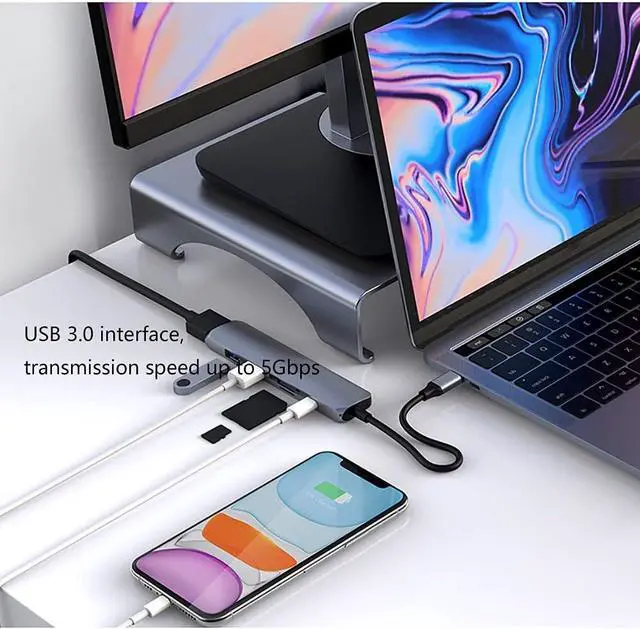 Alt view image 4 of 6 - Port Expander USB C Hub 6 in 1 USB-C Dock Type C Hub Multiport Adapter with 60W PD Charging, HDMI, 2 USB 3.0 Ports, SD/TF Card Reader USB Splitter (Color : Grey)