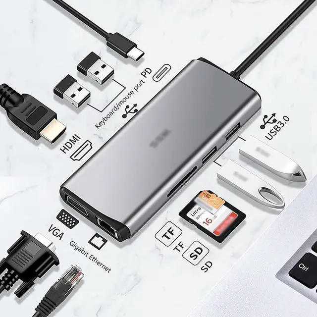 Alt view image 2 of 6 - Port Expander USB C Hub 10-in-1 with HDMI, VGA, 2 USB 3.0 Ports, 2 Keyboard/Mouse Ports, PD 3.0 Ports, Ethernet and SD/TF Cards Reader USB Splitter