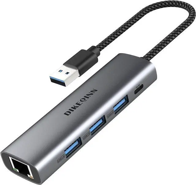Main image of DIKEQINN USB 3.0 Hub with Gigabit Ethernet, 3-Port USB-A 5Gbps + USB-C Power Port for MacBook, Dell, HP, Surface (Plug and Play) (USB-A)