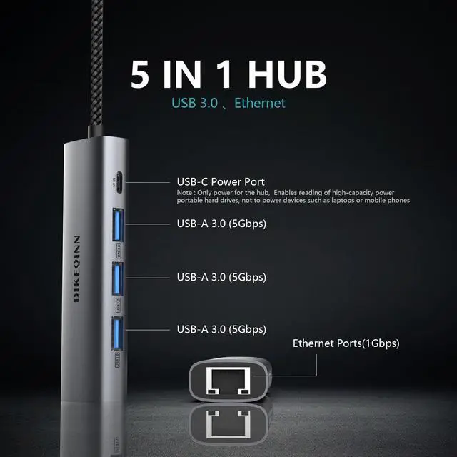 Alt view image 2 of 7 - DIKEQINN USB 3.0 Hub with Gigabit Ethernet, 3-Port USB-A 5Gbps + USB-C Power Port for MacBook, Dell, HP, Surface (Plug and Play) (USB-A)