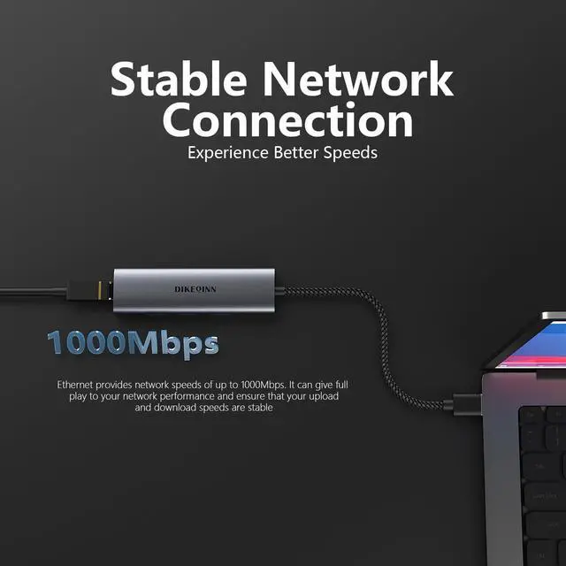 Alt view image 3 of 7 - DIKEQINN USB 3.0 Hub with Gigabit Ethernet, 3-Port USB-A 5Gbps + USB-C Power Port for MacBook, Dell, HP, Surface (Plug and Play) (USB-A)