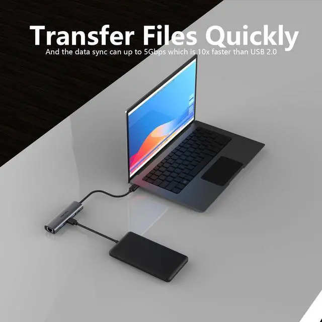 Alt view image 4 of 7 - DIKEQINN USB 3.0 Hub with Gigabit Ethernet, 3-Port USB-A 5Gbps + USB-C Power Port for MacBook, Dell, HP, Surface (Plug and Play) (USB-A)