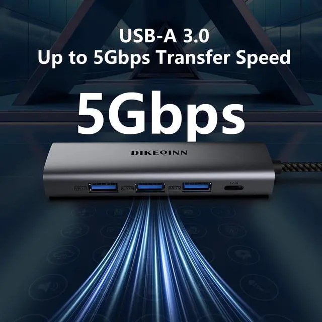 Alt view image 5 of 7 - DIKEQINN USB 3.0 Hub with Gigabit Ethernet, 3-Port USB-A 5Gbps + USB-C Power Port for MacBook, Dell, HP, Surface (Plug and Play) (USB-A)
