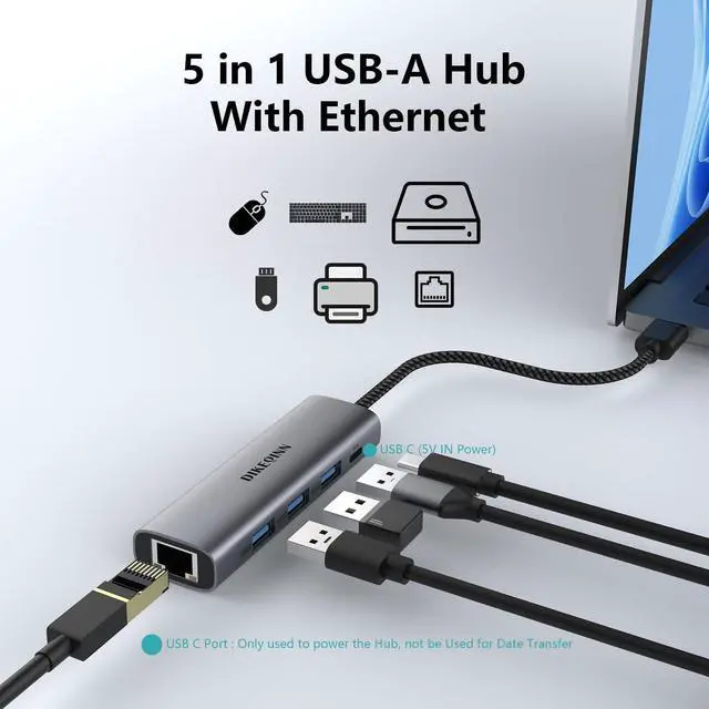 Alt view image 6 of 7 - DIKEQINN USB 3.0 Hub with Gigabit Ethernet, 3-Port USB-A 5Gbps + USB-C Power Port for MacBook, Dell, HP, Surface (Plug and Play) (USB-A)
