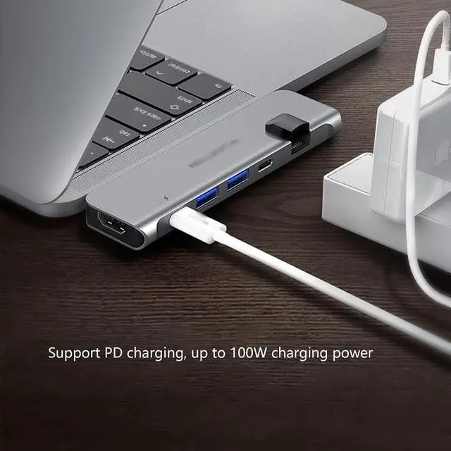 Alt view image 2 of 6 - Port Expander USB C Hub 6 in 2 USB C Multiport Adapter USB C Docking Statio (100 PD, 4K HDMI, 2 USB 3.0 and USB C, Gigabit Ethernet) USB Splitter (Color : Grey)