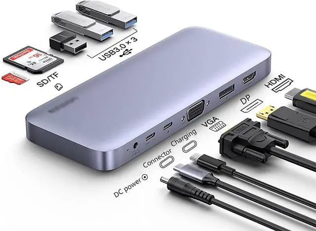 Alt view image 2 of 7 - Port Expander USB C Hub 9 in 1 with 3 USB 3.0 Ports,100W PD, SD/FT Card Reader, HDMI, VGA, DC 5V/2A Aluminum Type C Hub Adapter USB Splitter