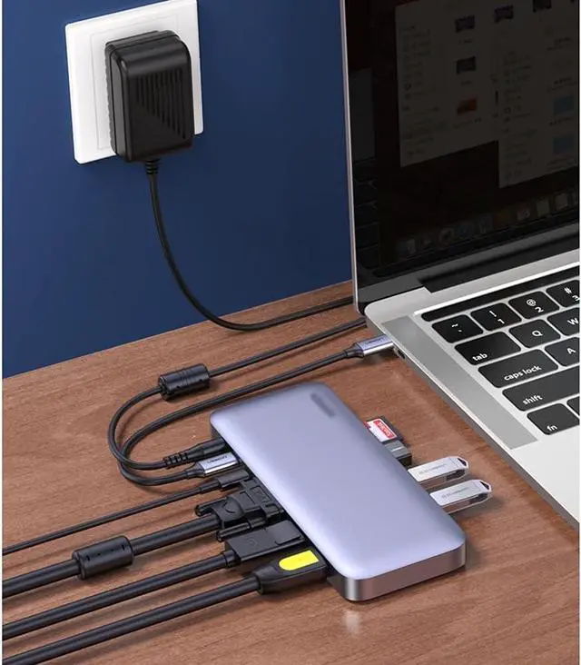 Alt view image 7 of 7 - Port Expander USB C Hub 9 in 1 with 3 USB 3.0 Ports,100W PD, SD/FT Card Reader, HDMI, VGA, DC 5V/2A Aluminum Type C Hub Adapter USB Splitter