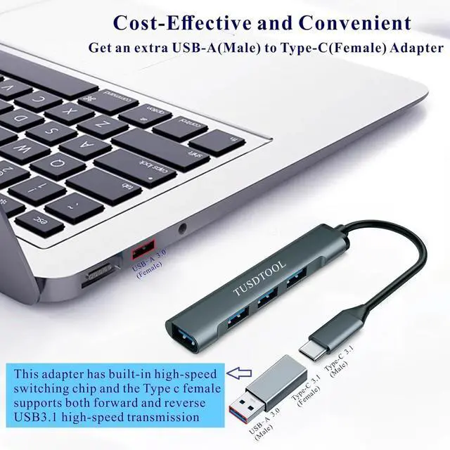 Alt view image 3 of 7 - 10Gbps Dual Sided USB C Female to USB Male Adapter, 4 Ports USB 3.0 Hub Splitter with 5Gbps Data Transfer, USB C Hub Splitter for MacBook, Mac Pro, iMac, Surface, Laptop, Mobile HDD