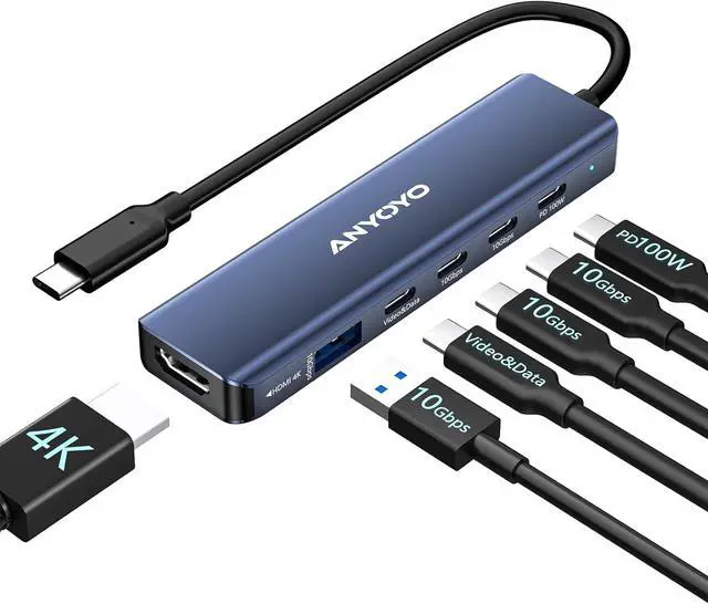 Main image of ANYOYO USB Hub Dual Monitor 4K 6 in 1 USB C Multiport Adapter with 1xHDMI, 1xUSB C Video&Data Output for USB C Splitter, 3xUSB C 10Gbps,100W PD, for Dell/HP/Mac Pro/iPad