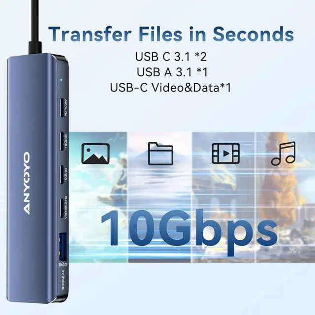 Alt view image 7 of 7 - ANYOYO USB Hub Dual Monitor 4K 6 in 1 USB C Multiport Adapter with 1xHDMI, 1xUSB C Video&Data Output for USB C Splitter, 3xUSB C 10Gbps,100W PD, for Dell/HP/Mac Pro/iPad