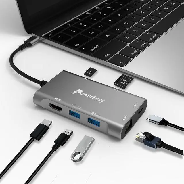 Main image of PowerEnvy USB C HUB,7-in-1 USB Adapter Multiport Data HUB with 60W Type C Charging 5Gbps 2 USB A 4K HDMI 1000M Ethernet TF/MicroSD Data Transfer Port for MacBook,iPad Pro/Air,XPS,MateBook,More