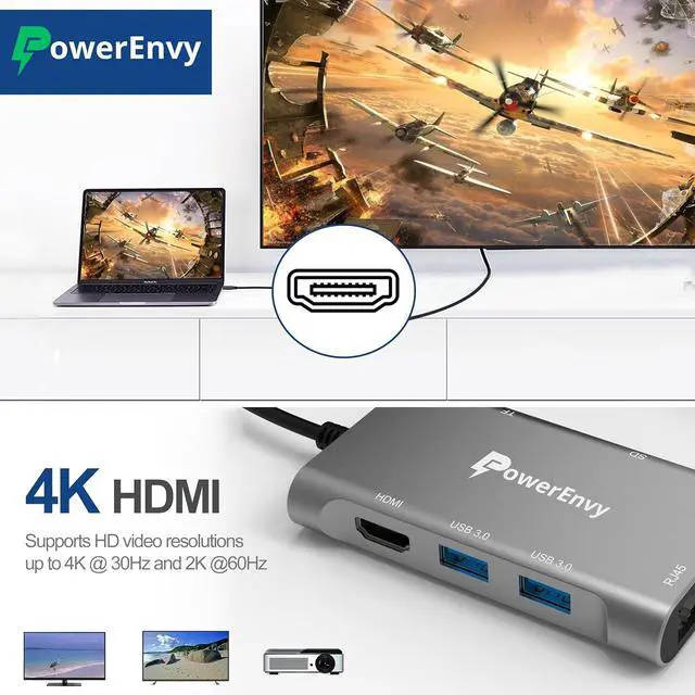 Alt view image 3 of 6 - PowerEnvy USB C HUB,7-in-1 USB Adapter Multiport Data HUB with 60W Type C Charging 5Gbps 2 USB A 4K HDMI 1000M Ethernet TF/MicroSD Data Transfer Port for MacBook,iPad Pro/Air,XPS,MateBook,More