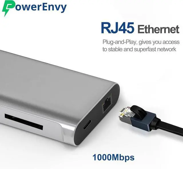 Alt view image 4 of 6 - PowerEnvy USB C HUB,7-in-1 USB Adapter Multiport Data HUB with 60W Type C Charging 5Gbps 2 USB A 4K HDMI 1000M Ethernet TF/MicroSD Data Transfer Port for MacBook,iPad Pro/Air,XPS,MateBook,More