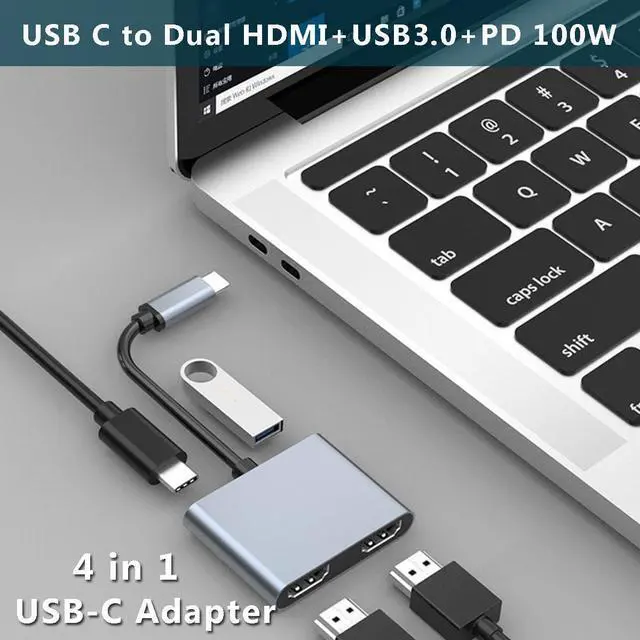 Alt view image 2 of 6 - USB C to Dual HDMI Adapter 4K@60Hz, USB C Multiport Adapter with 2 HDMI, USB3.0, PD 100W, USB C to HDMI Splitter Compatible with MacBook Pro, iPhone 16 15, etc