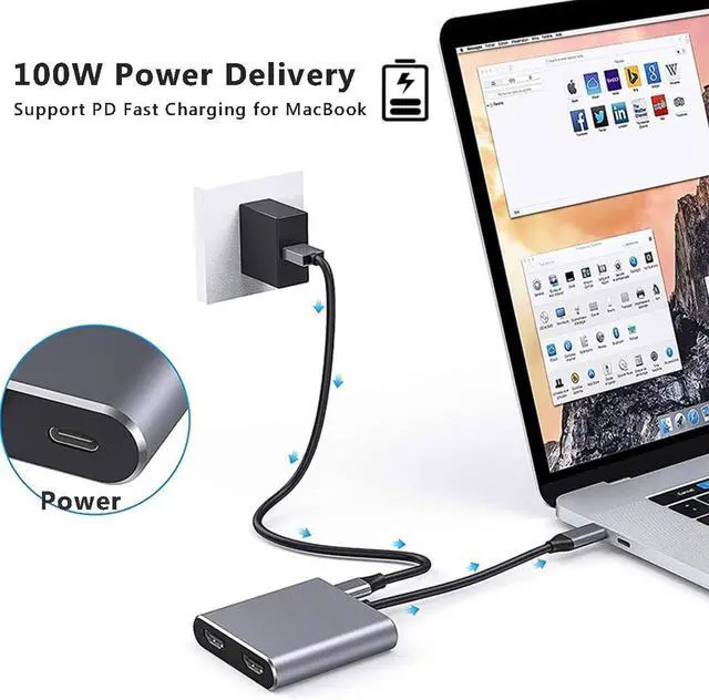 Alt view image 5 of 6 - USB C to Dual HDMI Adapter 4K@60Hz, USB C Multiport Adapter with 2 HDMI, USB3.0, PD 100W, USB C to HDMI Splitter Compatible with MacBook Pro, iPhone 16 15, etc