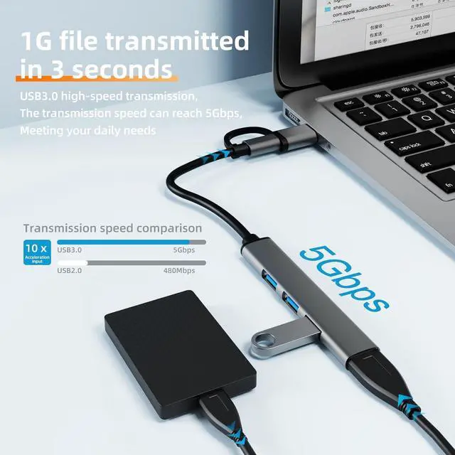 Alt view image 4 of 7 - USB-C 4-in-2 Hub, Featuring USB 3.0 and 3 USB 2.0 Ports, Adapter Compatible with USB-C Laptops and Serves as a Dongle for USB Connectivity on MacBook Pro/Air,iPad Pro,iMac,iPhone 15 Pro,Xbox,PS5,XPS