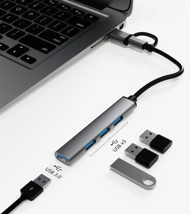 Alt view image 3 of 7 - USB-C 4-in-2 Hub, Featuring USB 3.0 and 3 USB 2.0 Ports, Adapter Compatible with USB-C Laptops and Serves as a Dongle for USB Connectivity on MacBook Pro/Air,iPad Pro,iMac,iPhone 15 Pro,Xbox,PS5,XPS