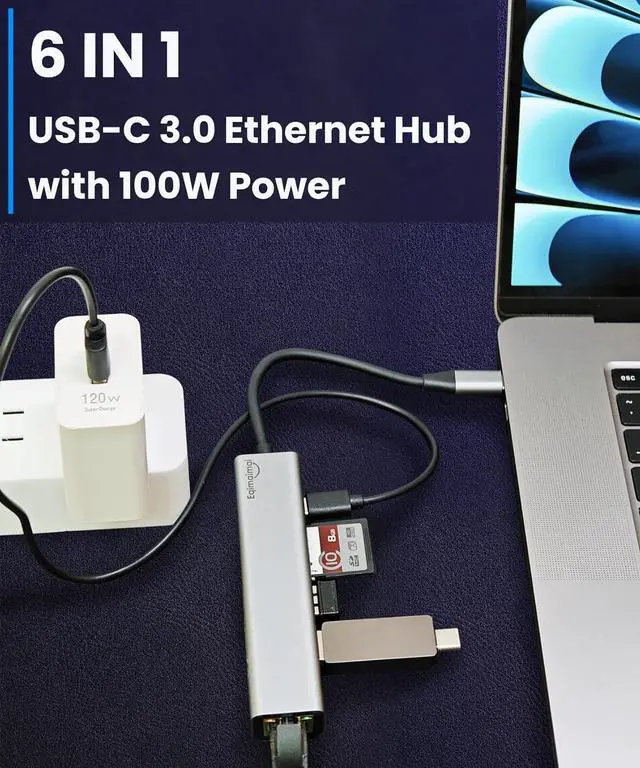 Alt view image 2 of 7 - USB-C Ethernet Adapter with 100W Charging Port & Multiport Hub - Gigabit Ethernet Adapter 5GB USB 3.0 SD/FT for Laptops MacBooks Chromebooks & More