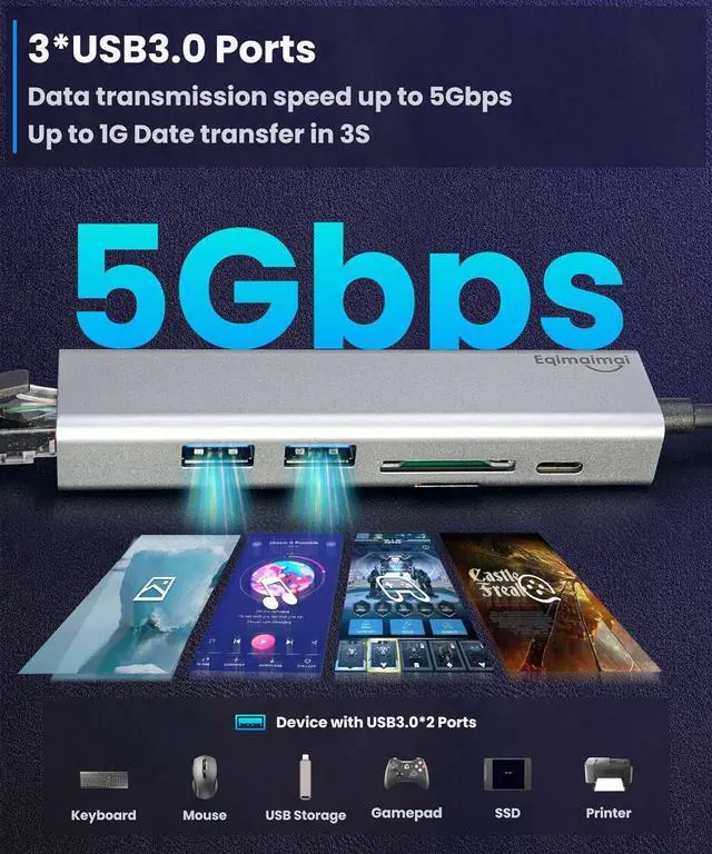 Alt view image 5 of 7 - USB-C Ethernet Adapter with 100W Charging Port & Multiport Hub - Gigabit Ethernet Adapter 5GB USB 3.0 SD/FT for Laptops MacBooks Chromebooks & More