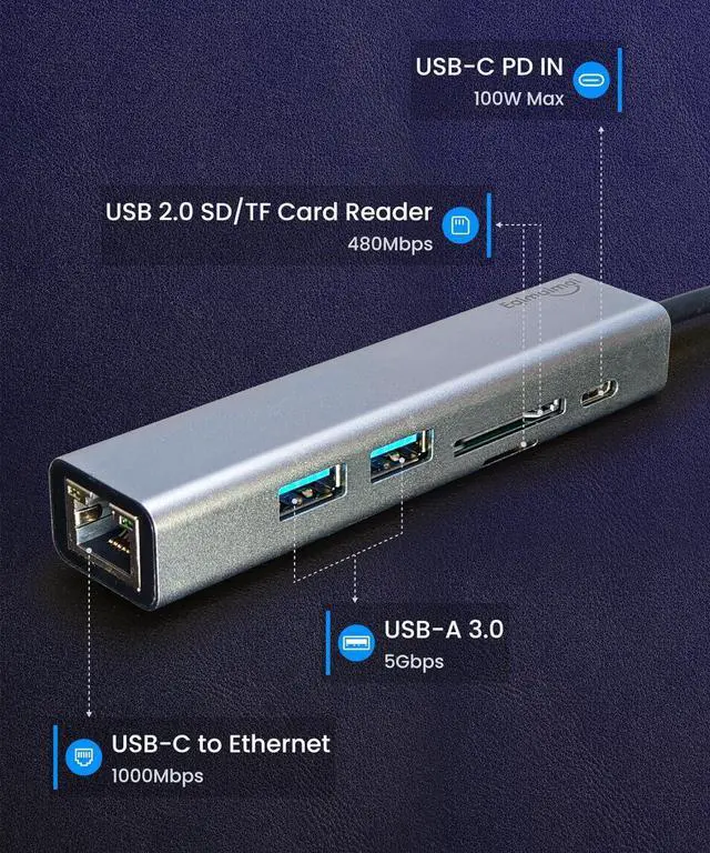 Alt view image 6 of 7 - USB-C Ethernet Adapter with 100W Charging Port & Multiport Hub - Gigabit Ethernet Adapter 5GB USB 3.0 SD/FT for Laptops MacBooks Chromebooks & More