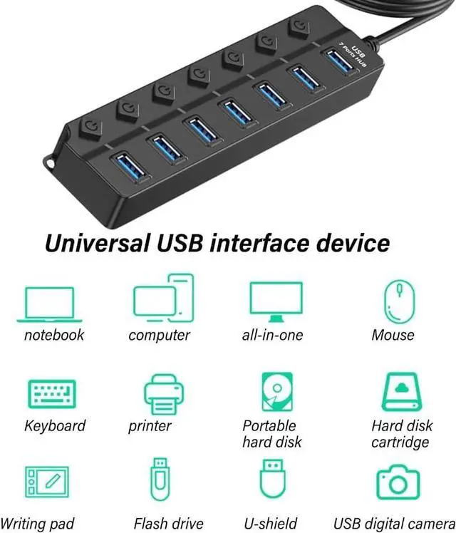 Alt view image 2 of 7 - Speed 7/4 Port USB 2.0 Hubs with Dedicated Switches Indicators Lights for Easy Expansion Easy to Use Multiports Adapter