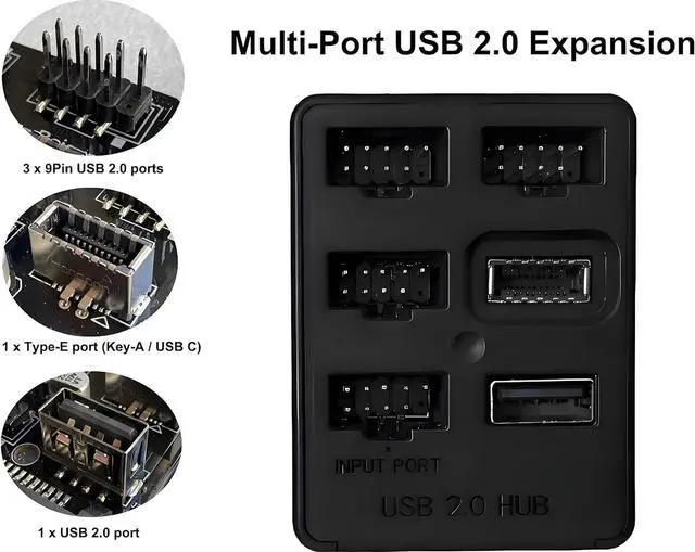 Alt view image 3 of 7 - Multi Port Internal USB Hub Motherboard USB 2.0 Header Splitter, USB 2.0 to USB 3.2 Gen 1 Header Adapter, Front Panel Connector, USB 9Pin to Type-E (Key-A/USB C)