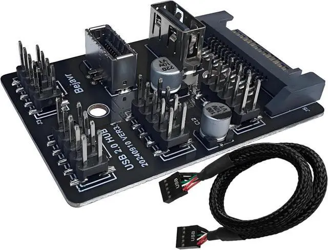 Alt view image 2 of 7 - Multi Port Internal USB Hub Motherboard USB 2.0 Header Splitter, USB 2.0 to USB 3.2 Gen 1 Header Adapter, Front Panel Connector, USB 9Pin to Type-E (Key-A/USB C)