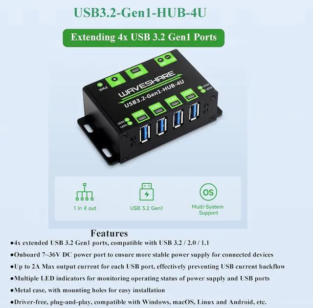 Alt view image 2 of 7 - 4-Ch USB 3.2 Gen1 HUB, 4-Port USB Hub 4X Extended USB 3.2 Gen1 Ports and 5Gbps, Compatible with Windows,Linux and Android Systems and USB 3.2/2.0/1.1, No Driver Required, Plug-and-Play