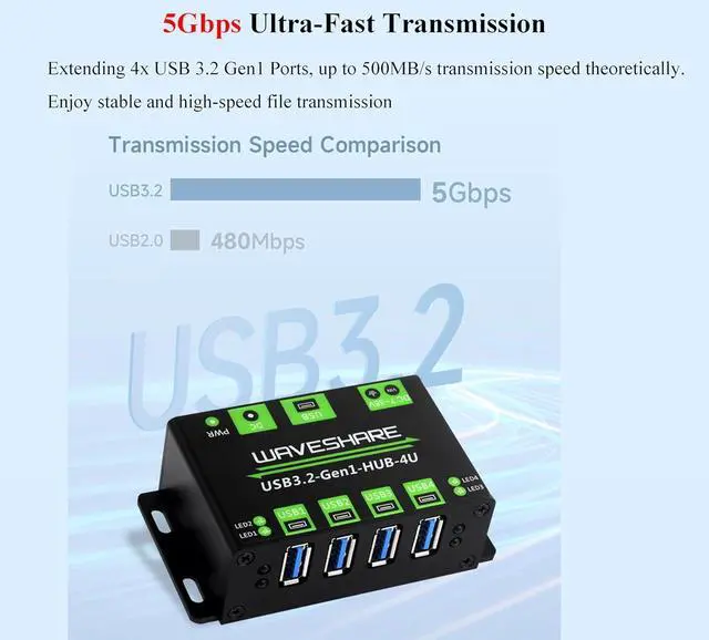 Alt view image 4 of 7 - 4-Ch USB 3.2 Gen1 HUB, 4-Port USB Hub 4X Extended USB 3.2 Gen1 Ports and 5Gbps, Compatible with Windows,Linux and Android Systems and USB 3.2/2.0/1.1, No Driver Required, Plug-and-Play