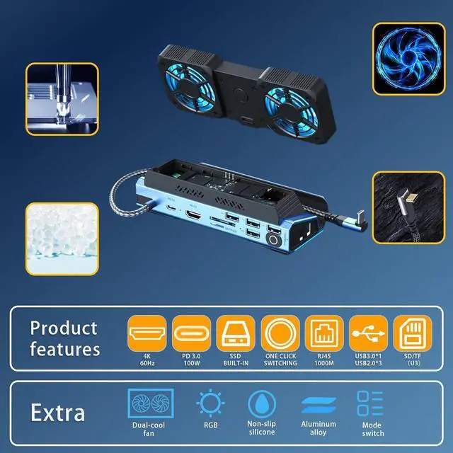 Alt view image 3 of 7 - 9-in-1 Docking Station for Steam Deck, ROG Ally X & Legion Go, Dual Cooling Fan USB C Docking Station with HDMI 4K 60Hz, 1000Mbps, 4*USB 3.0, USB C 100W PD, SD TF Slot