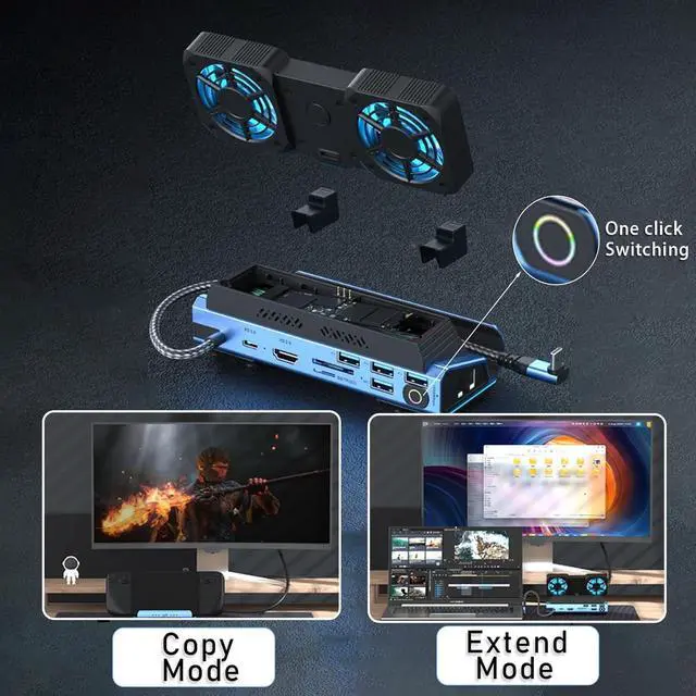 Alt view image 6 of 7 - 9-in-1 Docking Station for Steam Deck, ROG Ally X & Legion Go, Dual Cooling Fan USB C Docking Station with HDMI 4K 60Hz, 1000Mbps, 4*USB 3.0, USB C 100W PD, SD TF Slot