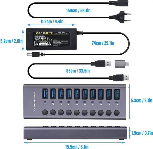 Alt view image 2 of 7 - 10 Port 60W Powered USB Hub, USB 3.0 Port Hub with Individual Power Switches, LEDs Aluminum Alloy Shell USB 3.0 Docking Station 60W 12V 5A Power Adapter 100240V (US Plug 110240V)