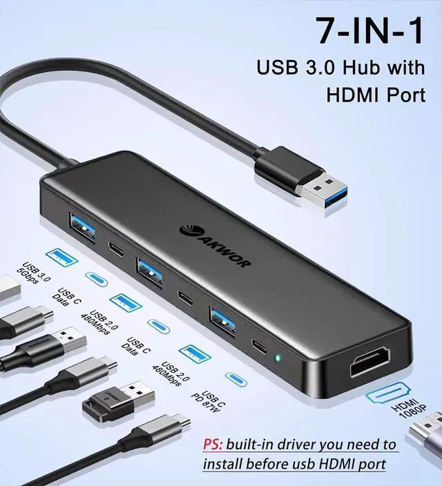 Alt view image 2 of 7 - USB 3.0 to HDMI Adapter USB 3.0 Hub with HDMI 1080P USB-A&C Data & Power Ports Docking Station Extender for Monitor PC Laptop Desktop Support Windows 7/8/10 & Mac OS