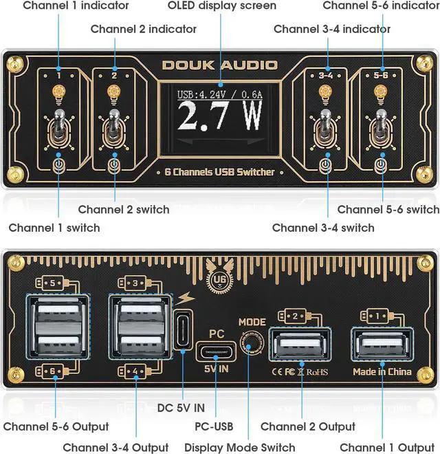 Alt view image 7 of 7 - Douk Audio U6 Retro 6-Port USB Docking Station with Voltmeter  25W USB Charger HUB Power Splitter for Phones, Tablets, and Gadgets