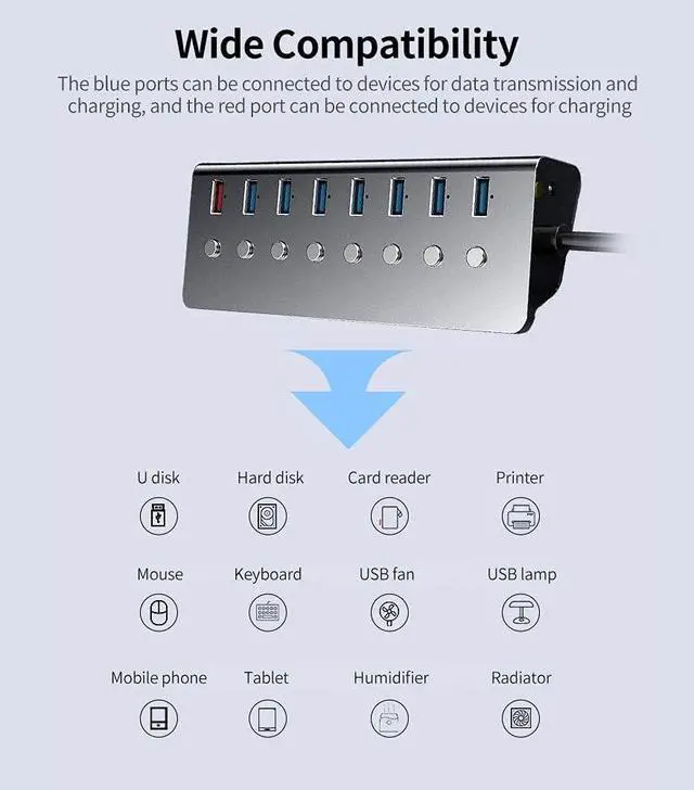 Alt view image 3 of 7 - Hub QISUO Multifunctional 8 Ports USB Hub USB Extension Converter with 7 USB3.0 Expansion Ports 1 Charging Port Independent Switches
