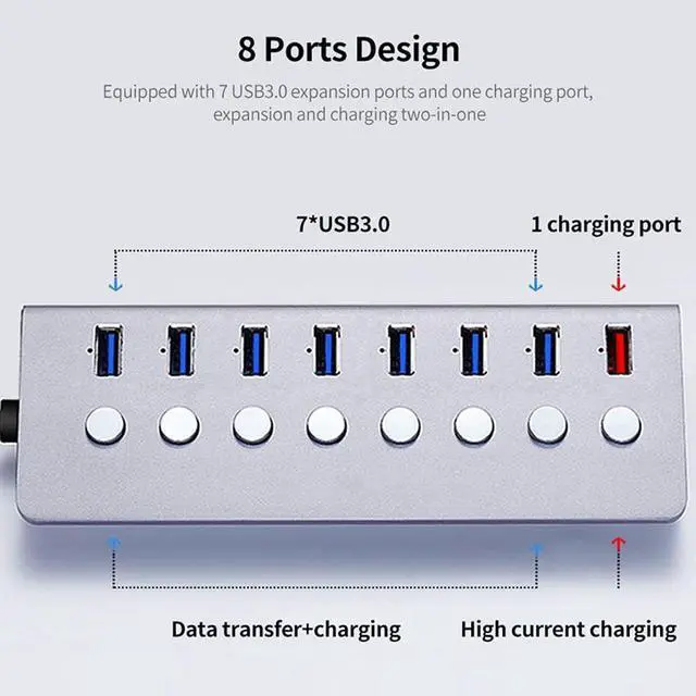 Alt view image 6 of 7 - Hub QISUO Multifunctional 8 Ports USB Hub USB Extension Converter with 7 USB3.0 Expansion Ports 1 Charging Port Independent Switches