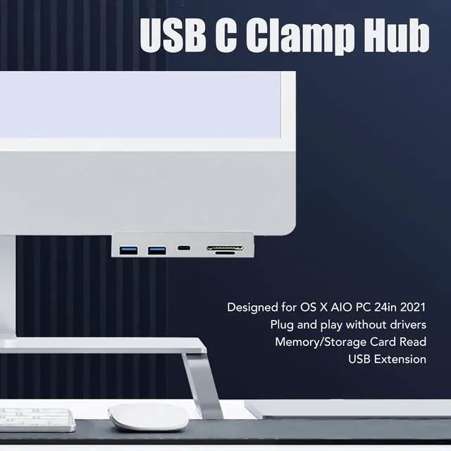 Alt view image 2 of 7 - OS X AIO PC USB C Hub 6 in 1 Aluminum Clamp Hub, High Speed 10Gbps Transmission, Memory Card Slot, Easy Installation, Plug and Play, for 24in Computer
