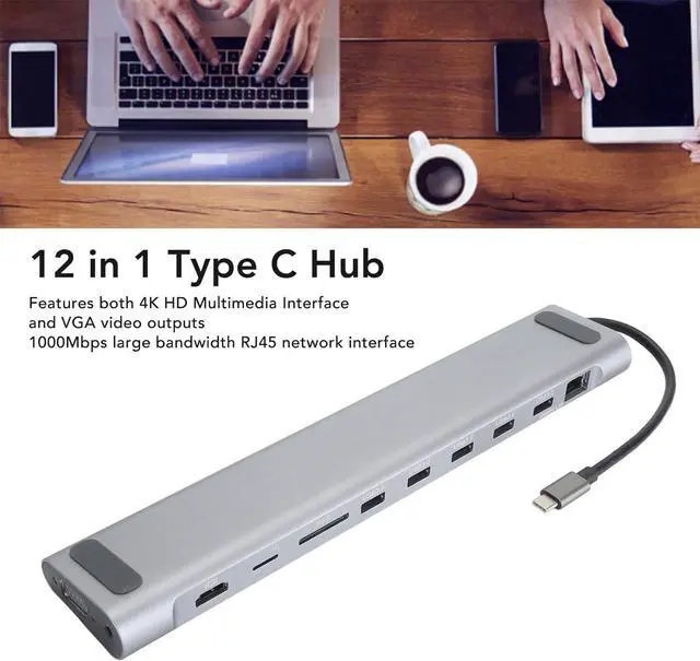 Alt view image 4 of 7 - Type C Hub, 12 in 1 Multiport Adapter with 4K HD Multimedia Interface and VGA Video Output PD Hub Docking Station USB Splitter Adapter