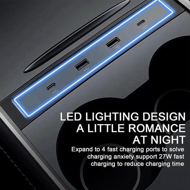 Alt view image 4 of 6 - Car Port Charger,for Tesla Model 3 Model Y 2021 Docking Station Multi-Port Smart Docking Station with LED Light USB Hub 4-Port USB Dynamic Power Cable Charger Powered Splitter Extension Accessories