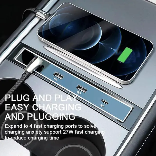 Alt view image 3 of 6 - Car Port Charger,for Tesla Model 3 Model Y 2021 Docking Station Multi-Port Smart Docking Station with LED Light USB Hub 4-Port USB Dynamic Power Cable Charger Powered Splitter Extension Accessories