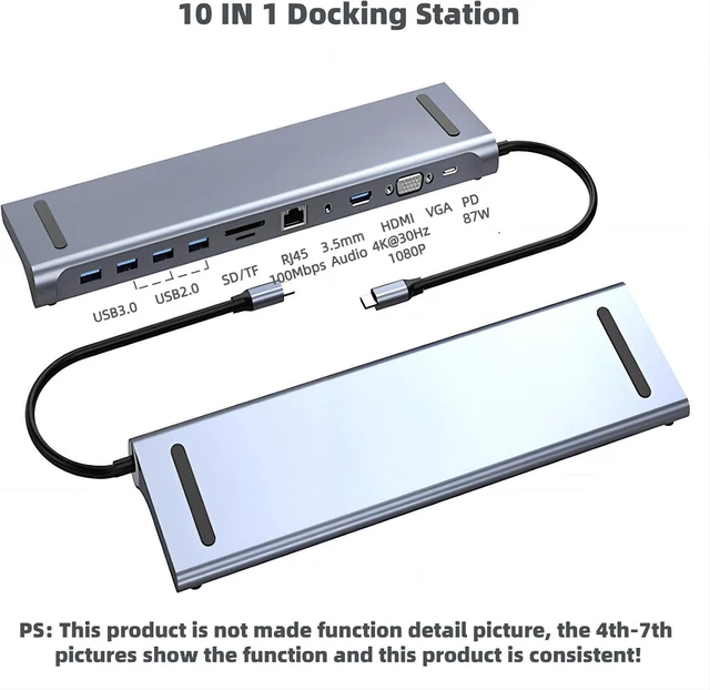 Alt view image 2 of 7 - USB C HUB, 10-in-1 Adapter Docking Station with 4K HDMI,VGA,87W PD,5Gbps USB3.0/2.0,RJ45 Ethernet,SD/TF Card Reader,3.5mm Audio,Compatible with MacBook Pro/Air, Other Type C Latops Devices.