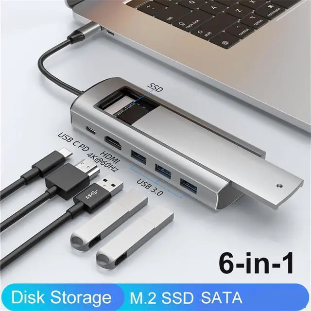 Alt view image 5 of 7 - CHICHIYANG Aluminum Alloy SSD Enclosure USB HUB 6 in 1 Multiport Disk Storage Plug and Play Type-C USB 3.0 Hub Accessories