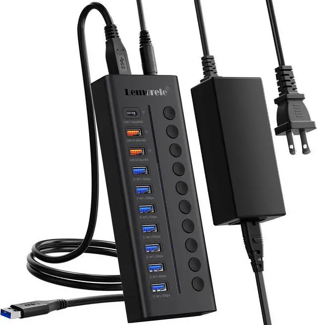 Main image of Lemorele 72W Powered USB Hub - 10-Port Splitter Hub (7 Data Transfer + 1 Smart USB Charging + 2 USB C Charging) with Individual LED On/Off Switches, USB 3.0 Hub, for Mac, PC & More